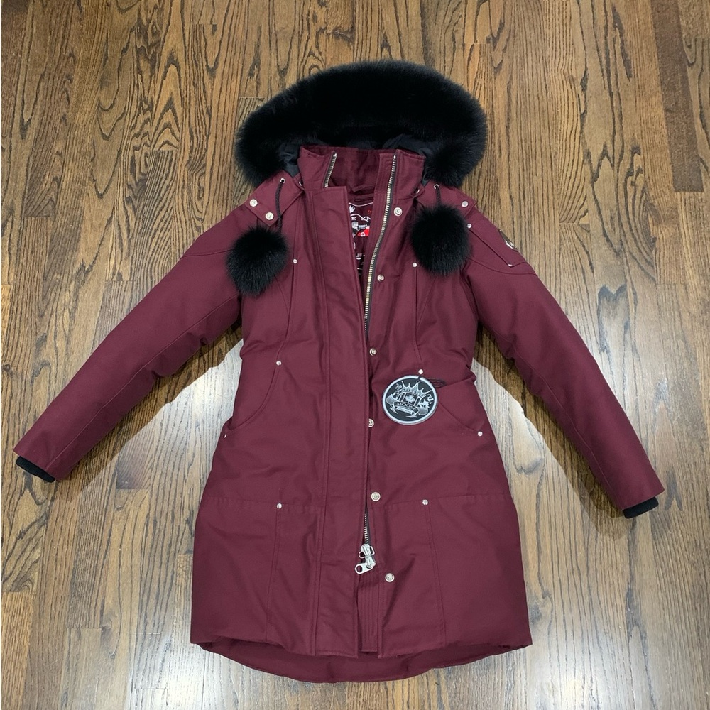 Like New Moose Knuckles Stirling Parka Oxblood Red with Black Fur Women’s XS